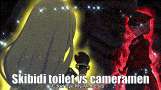 a picture of a girl with the words skibidi toilet vs cameramen