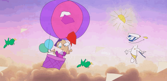 a cartoon of a girl in a hot air balloon surrounded by kites