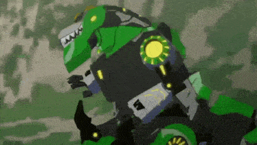 a green and black robot is standing in the woods .
