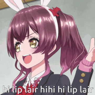 a picture of a girl with bunny ears and the words hi lip lair behind her