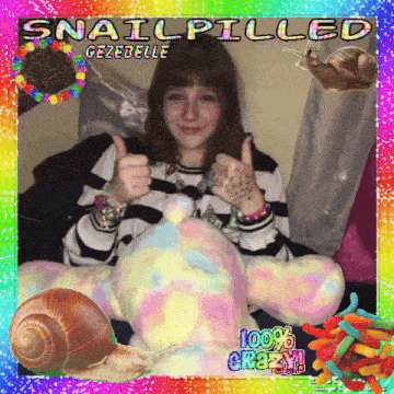 a girl is giving a thumbs up next to a snail and gummy bears
