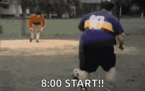 a man in a purple shirt is running on a field with the words `` 8:00 start '' written on the bottom .