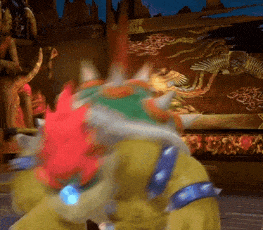a blurred image of a cartoon character in front of a painting