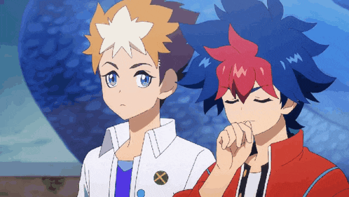 a couple of anime characters standing next to each other with their eyes closed