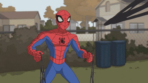 a cartoon of spider-man holding a rope in his hand