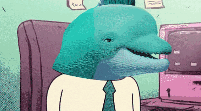 a cartoon of a man with a dolphin head and tie