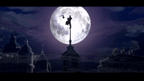 a helicopter is flying over a city at night with a full moon behind it