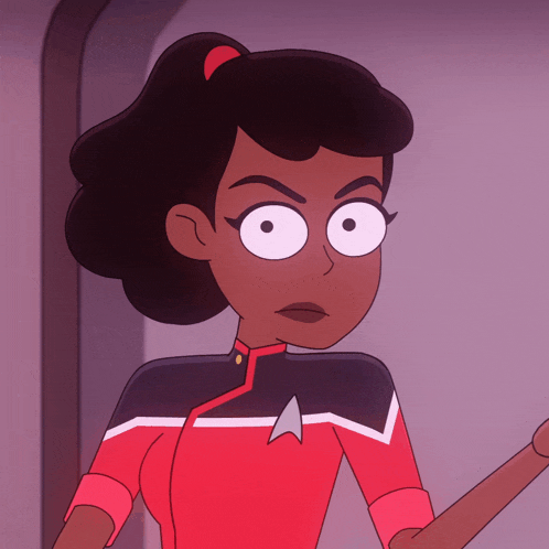 a cartoon character with big eyes is wearing a red uniform