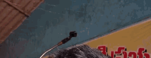 a close up of a person 's head with a microphone in front of a sign that says ' telugu ' .