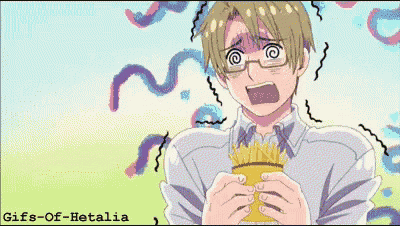 a pixel art of a man holding french fries with the words gifs-of-hetalia below him