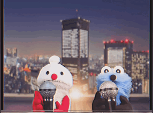 two sesame street characters holding microphones in front of the twin towers