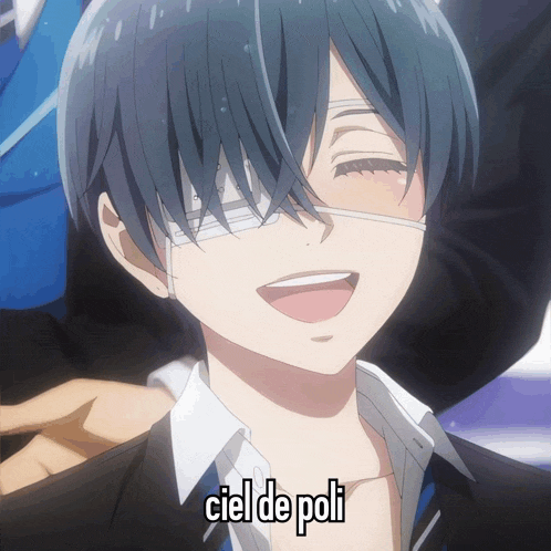 a boy with a bandage on his eye is smiling with the words ciel de poli written below him