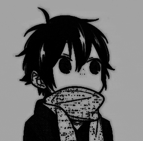 a black and white drawing of a boy wearing a scarf