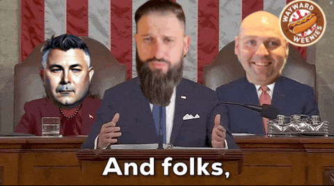 a man with a beard is giving a speech in front of two other men and the words and folks on the bottom