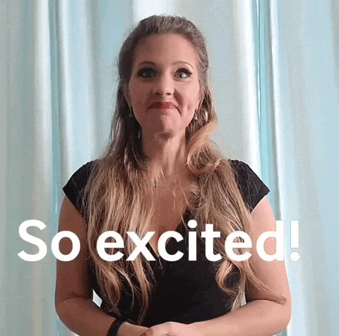 a woman making a face with the words so excited