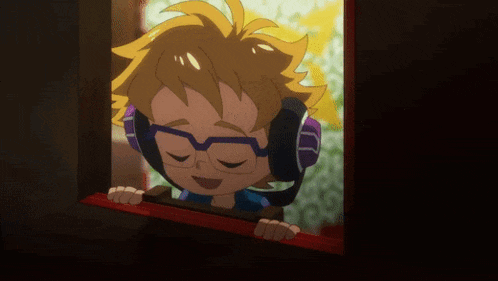 a cartoon boy wearing headphones and glasses looks out a window