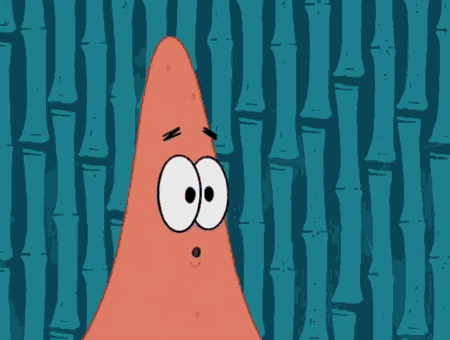 patrick star from spongebob squarepants making a face in front of a bamboo background