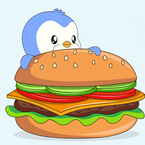 a penguin is sitting on top of a hamburger with lettuce tomatoes and cheese
