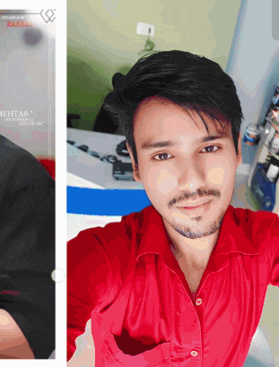 a man in a red shirt takes a selfie with a watermark that says mehtab