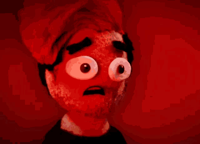 a close up of a cartoon character with big eyes and a surprised look on his face