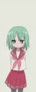 a cartoon girl with green hair is standing next to another girl in a red skirt .