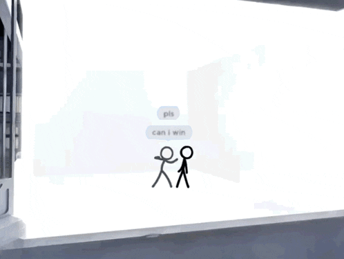 two stick figures are standing next to each other with the words " pls can i win " above them