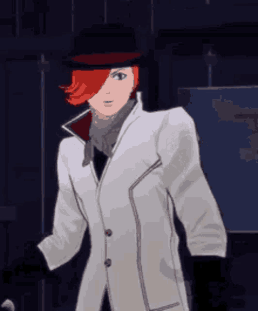 a man with red hair is wearing a white coat and hat