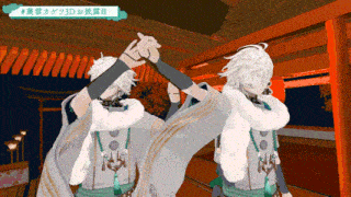 two anime characters are dancing in a room with chinese writing on the bottom