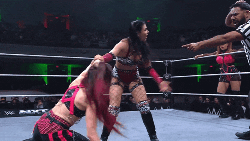 two women are wrestling in a ring with nxt written on the wall behind them