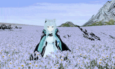 a girl standing in a field of flowers with a ribbon that says angels island on it