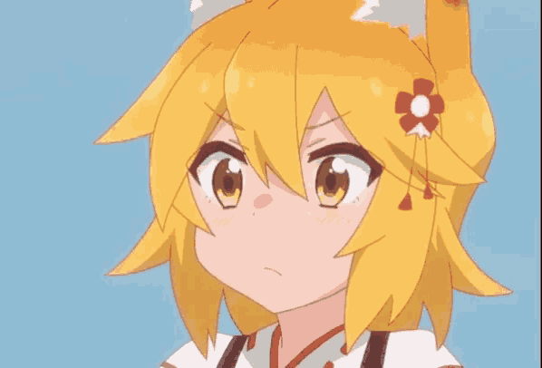 a close up of a cartoon character with yellow hair and a flower in her hair