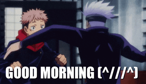 two anime characters hugging each other with the words good morning written below them
