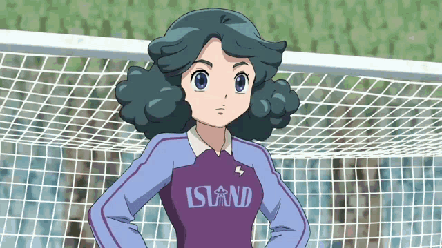 a girl with a purple shirt that says island