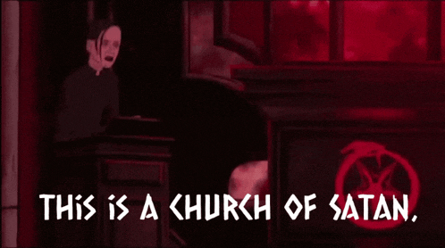 a picture of a church with the words " this is a church of satan " on it