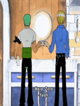 two anime characters are standing next to each other and one of them says " here zoro yeah "