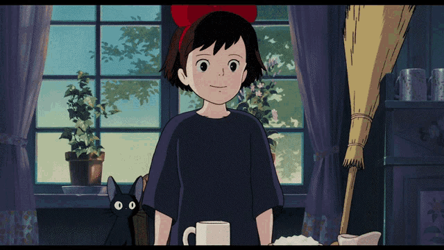 a girl with a red bow on her head is standing in front of a window