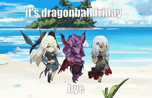 a dragonball friday meme with three characters on the beach