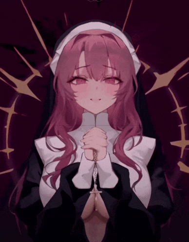 a drawing of a nun with pink hair praying
