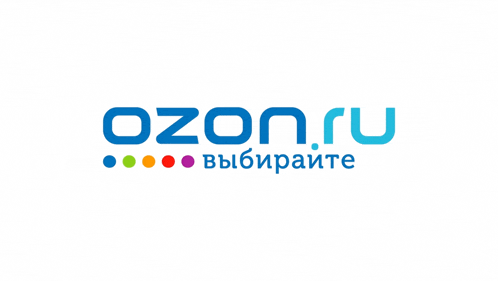 a blue and white ozon.ru logo with colored dots