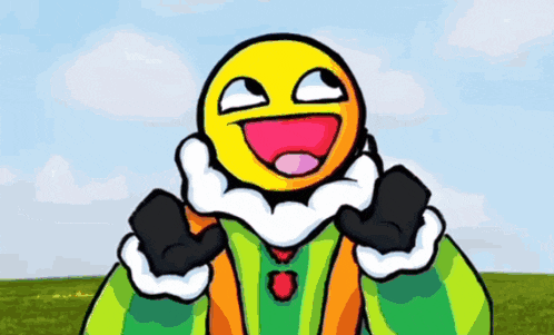 a cartoon character with a yellow face and a green jacket