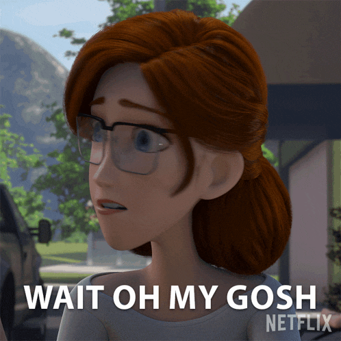 a cartoon woman wearing glasses says wait oh my gosh