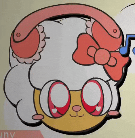 a cartoon drawing of a sheep wearing headphones and a red bow