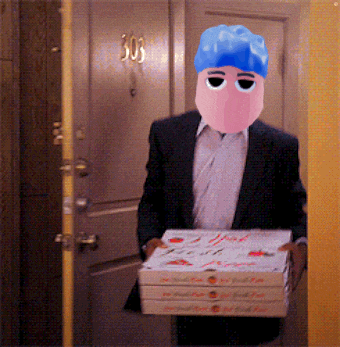 a man wearing a pink mask and a blue hat is carrying three pizza boxes
