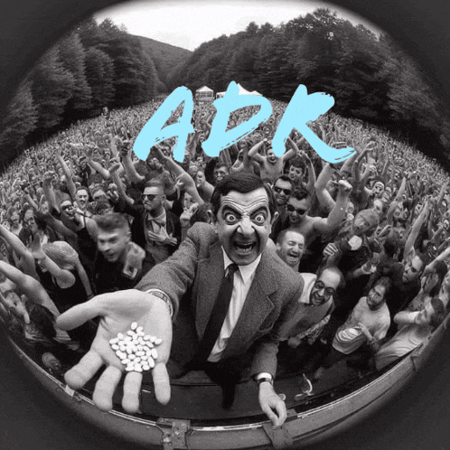 a man in a suit and tie is holding pills in front of a crowd and the word apk is visible