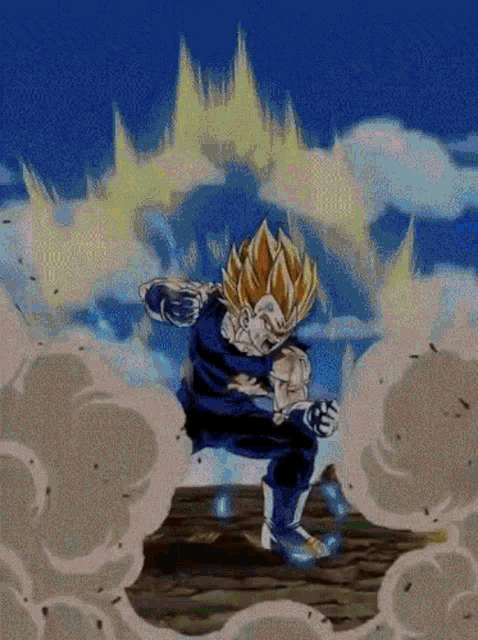 a picture of a cartoon character with a blue sky and clouds behind him