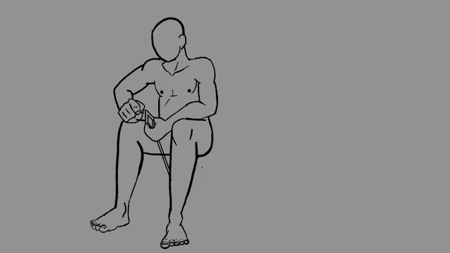 a black and white drawing of a naked man sitting on a chair holding a knife .