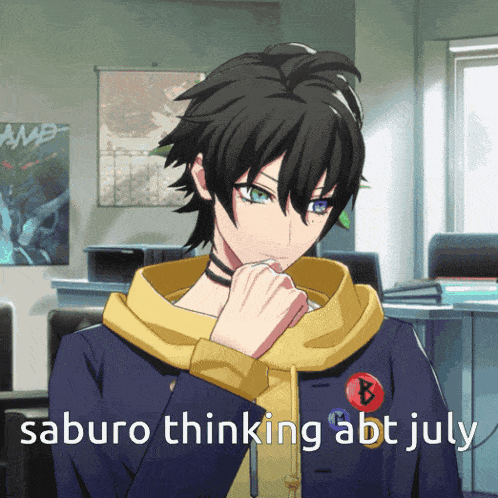 a picture of a boy with the words saburo thinking abt july on it