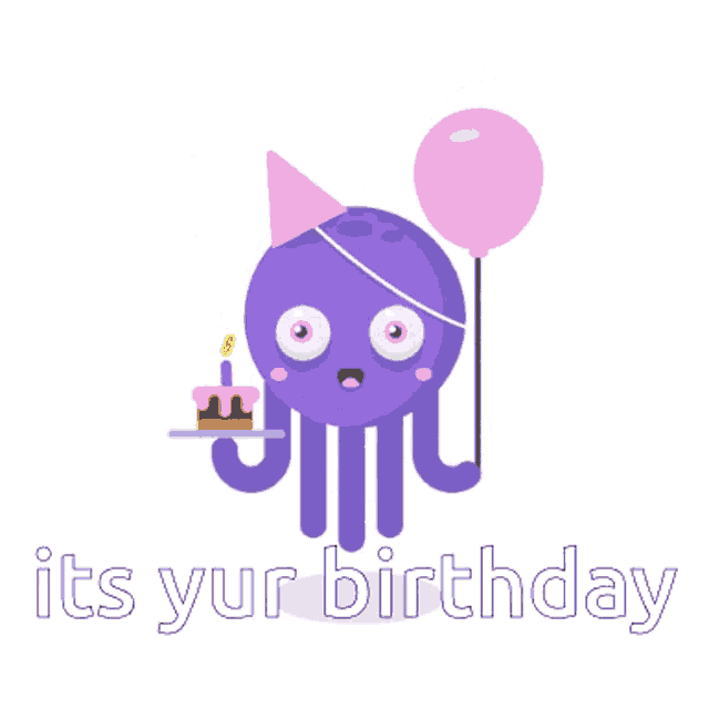 a purple octopus is wearing a party hat and holding a pink balloon and a cake