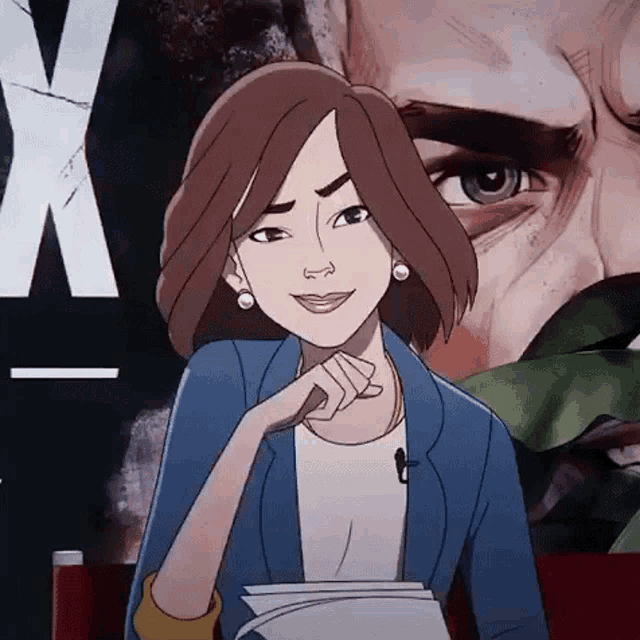 a woman in a blue jacket is sitting in front of a man 's face .