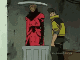 a man in a yellow jacket is standing next to a man in a red coat in a cartoon scene from funimation